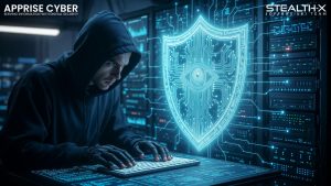 Futuristic AI cybersecurity concept, AI penetration testing security system, hacker trying to attack digital network but AI shield protecting servers, blue cyber security theme, modern technology background, Apprise Cyber