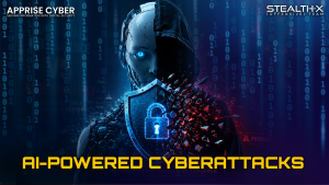 AI-powered cyberattacks and intelligent cyber warfare visualization featuring futuristic hackers, artificial intelligence systems, global cyber threats, digital data breaches, and advanced cybersecurity technology by Apprise Cyber.